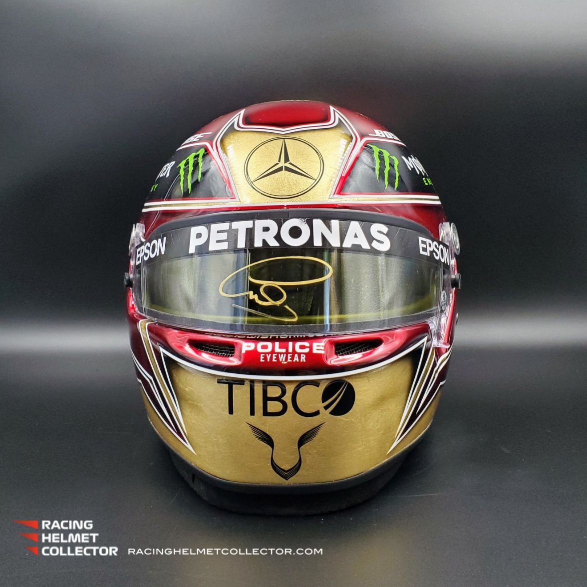 Lewis Hamilton Signed Race Worn Helmet Visor 2021 Mounted On 2019 Gold Racing Helmet Collector Signed F1 Memorabilia