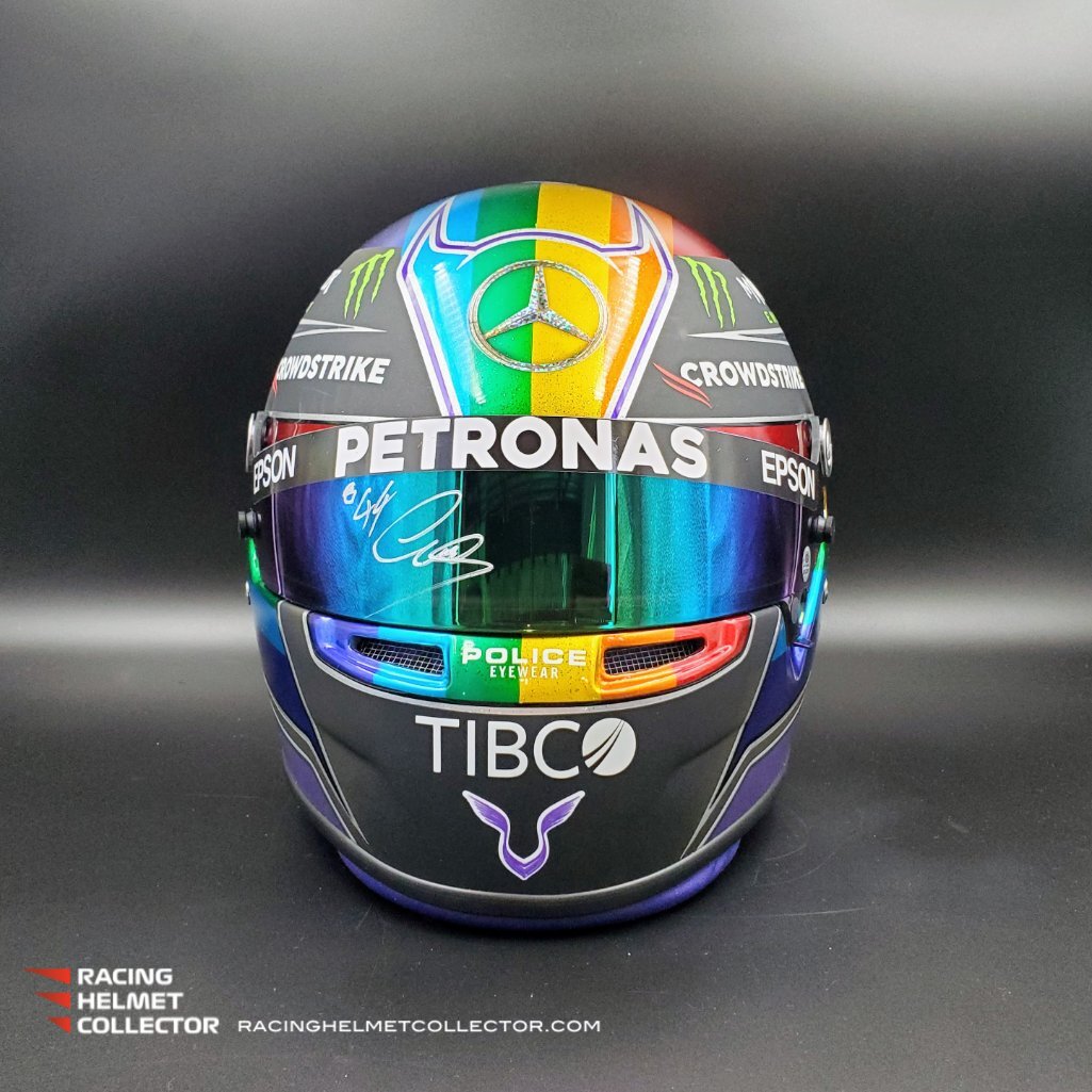 Lewis Hamilton Signed Race Worn Helmet Visor 2021 Mounted On Rainbow A lewis-hamilton-signed-race-worn-helmet-visor-2021-mounted-on-rainbow-a