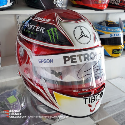 New Arrival: Lewis Hamilton Signed Visor TEAR-OFF Mounted on Promo Helmet 2019 White Full Scale 1:1