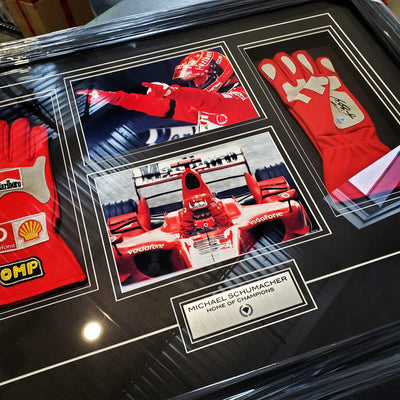 New Arrival: Michael Schumacher Signed Gloves Frame with Ferrari!