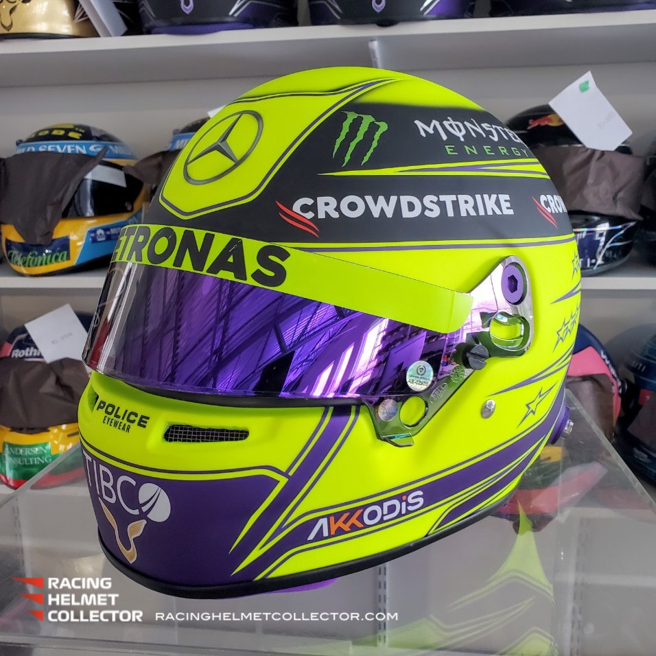 Lewis Hamilton Signed Race Worn Visor 2022 Mounted On Yellow - Main Image