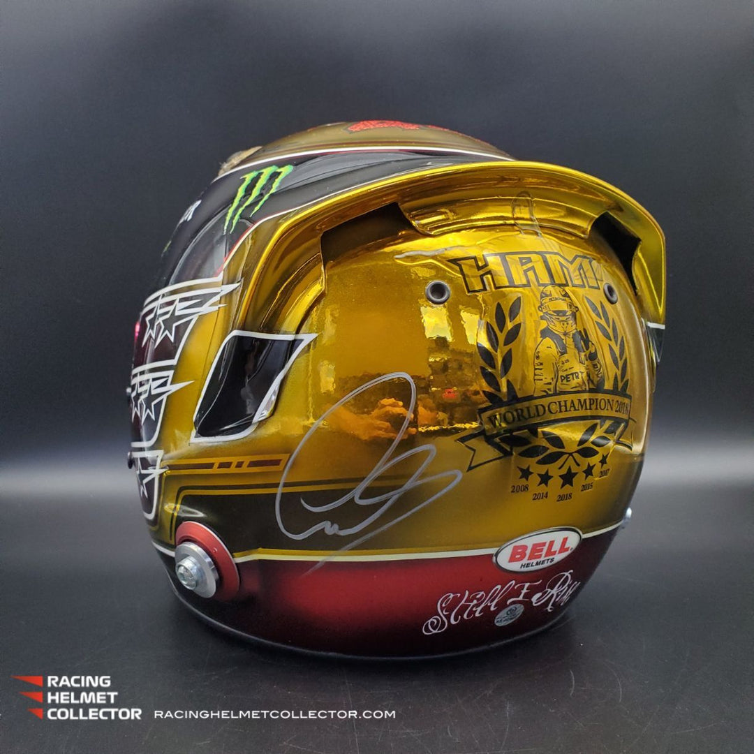Lewis Hamilton Signed Helmet Direct Autograph 2018 Gold Abu Dhabi BELL – Racing Helmet Collector