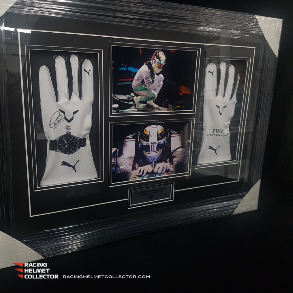 hamilton handschuhe Lewis Hamilton Signed Gloves Frame Replica White Gloves Fully Wood Fra –  Racing Helmet Collector