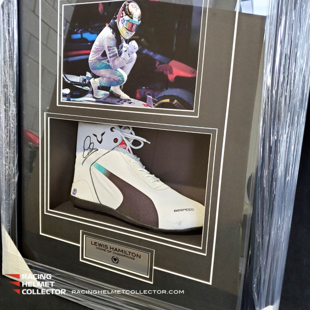 Lewis Hamilton Signed Replica Puma Shoe Fully Wood Framed V1 AS 00425 Racing Helmet Collector Signed F1 Memorabilia