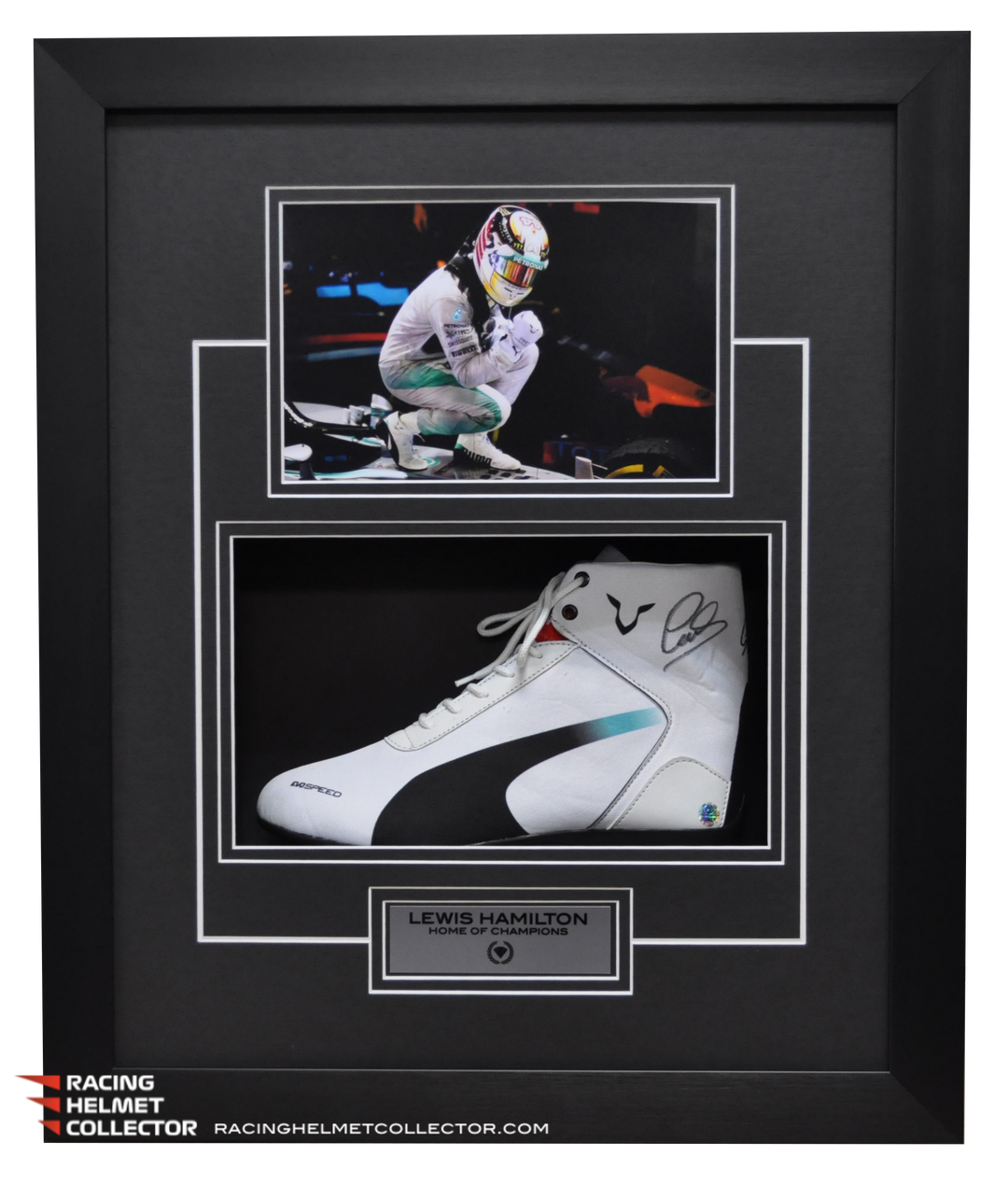 Lewis Hamilton Signed Replica Puma Shoe Fully Wood Framed V2 AS 00424 Racing Helmet Collector Signed F1 Memorabilia