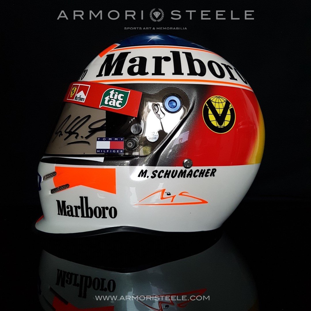 MICHAEL SCHUMACHER 1999-2000 SIGNED HELMET AUTOGRAPHED TRACK WORN VISO – Racing Helmet Collector