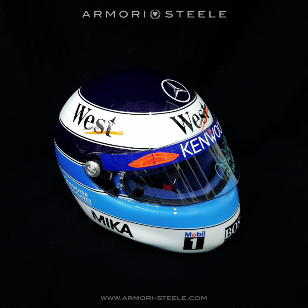 Mika Hakkinen Signed Helmet 1997 Display with Race Worn
